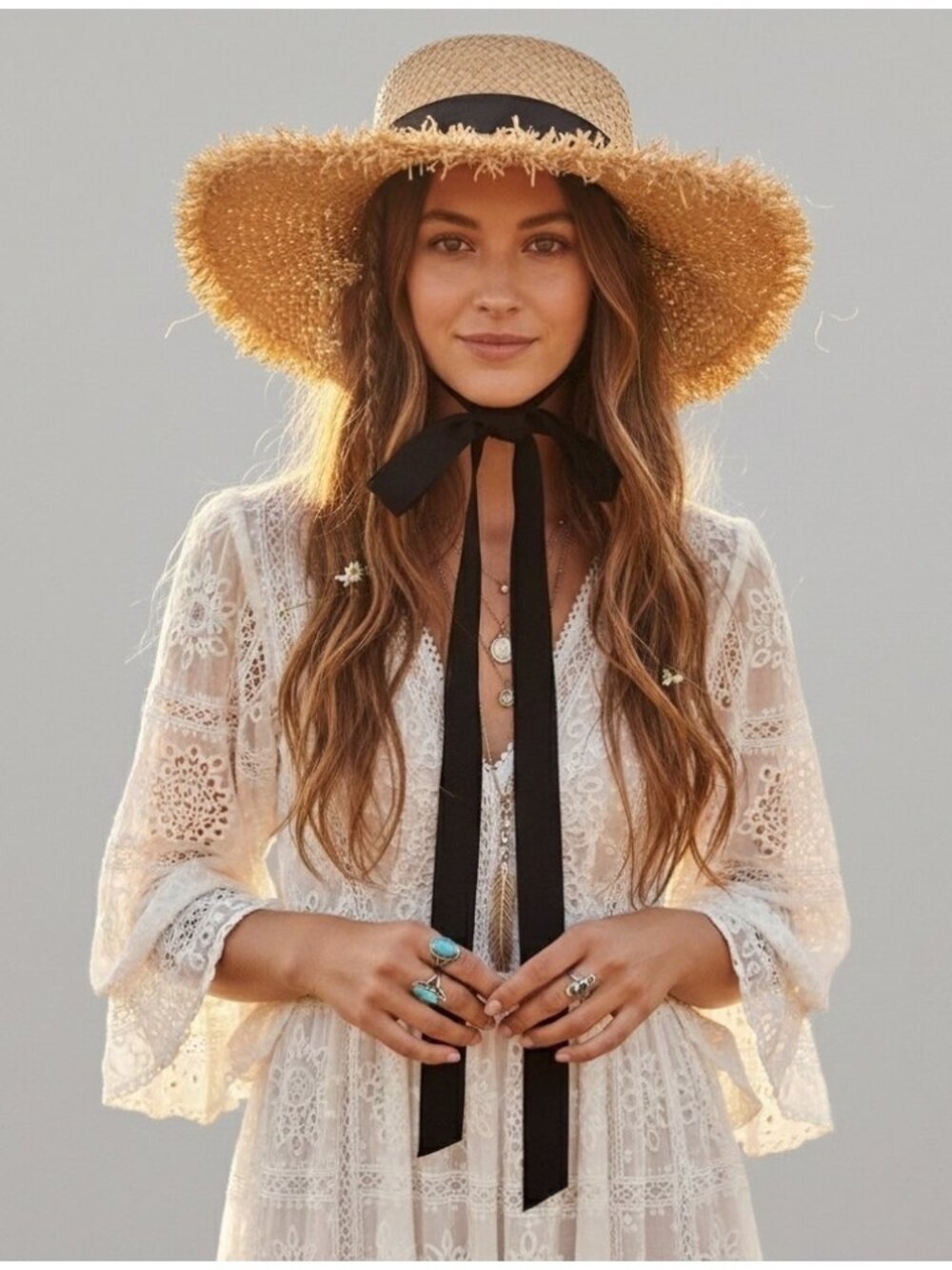 Straw Hat w/ Grosgrain Ribbon Chin Strap - One Size